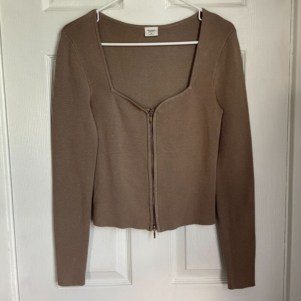 Abercrombie & Fitch Taupe Zip-Up Notch-Neck Slim Green Top Women's Medium